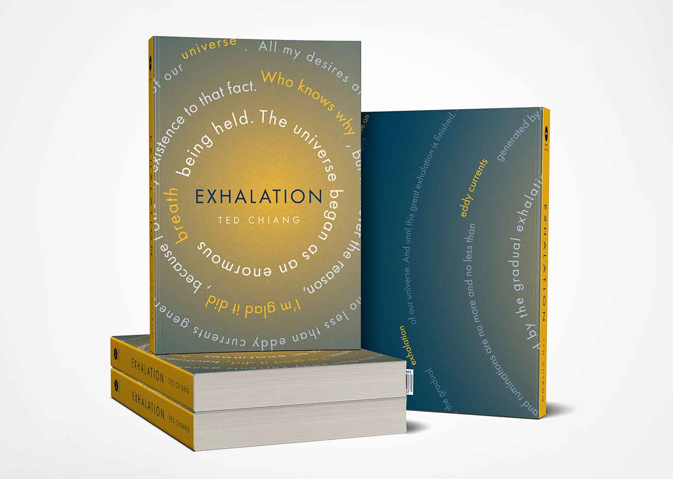 Yellow and blue bookjacket with type expanding out from the title, Exhalation