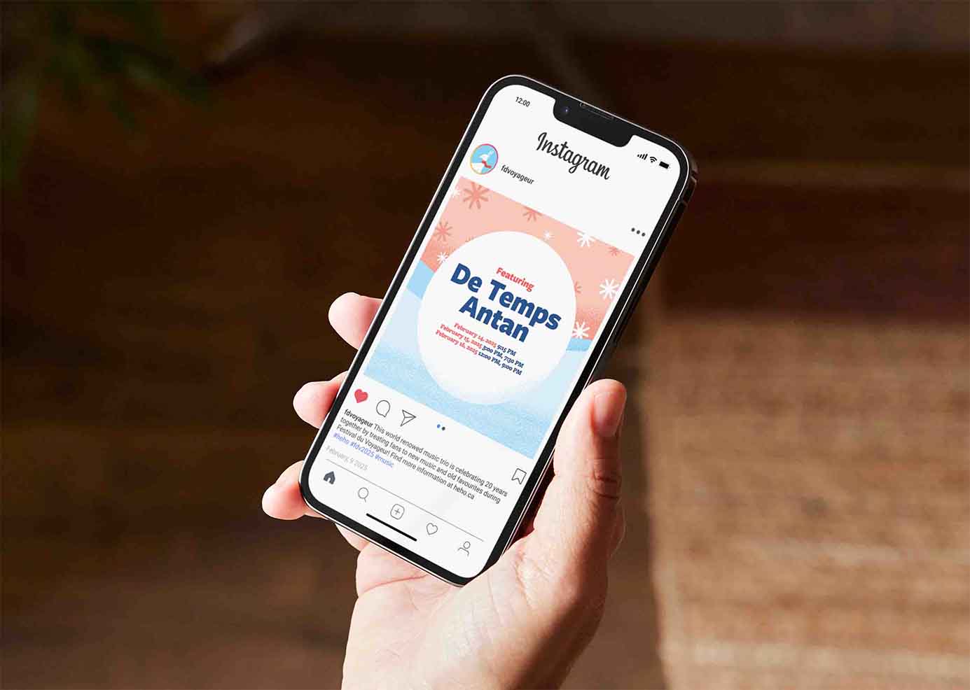 Instagram post for De Temps Antan featuring text over a giant snowball