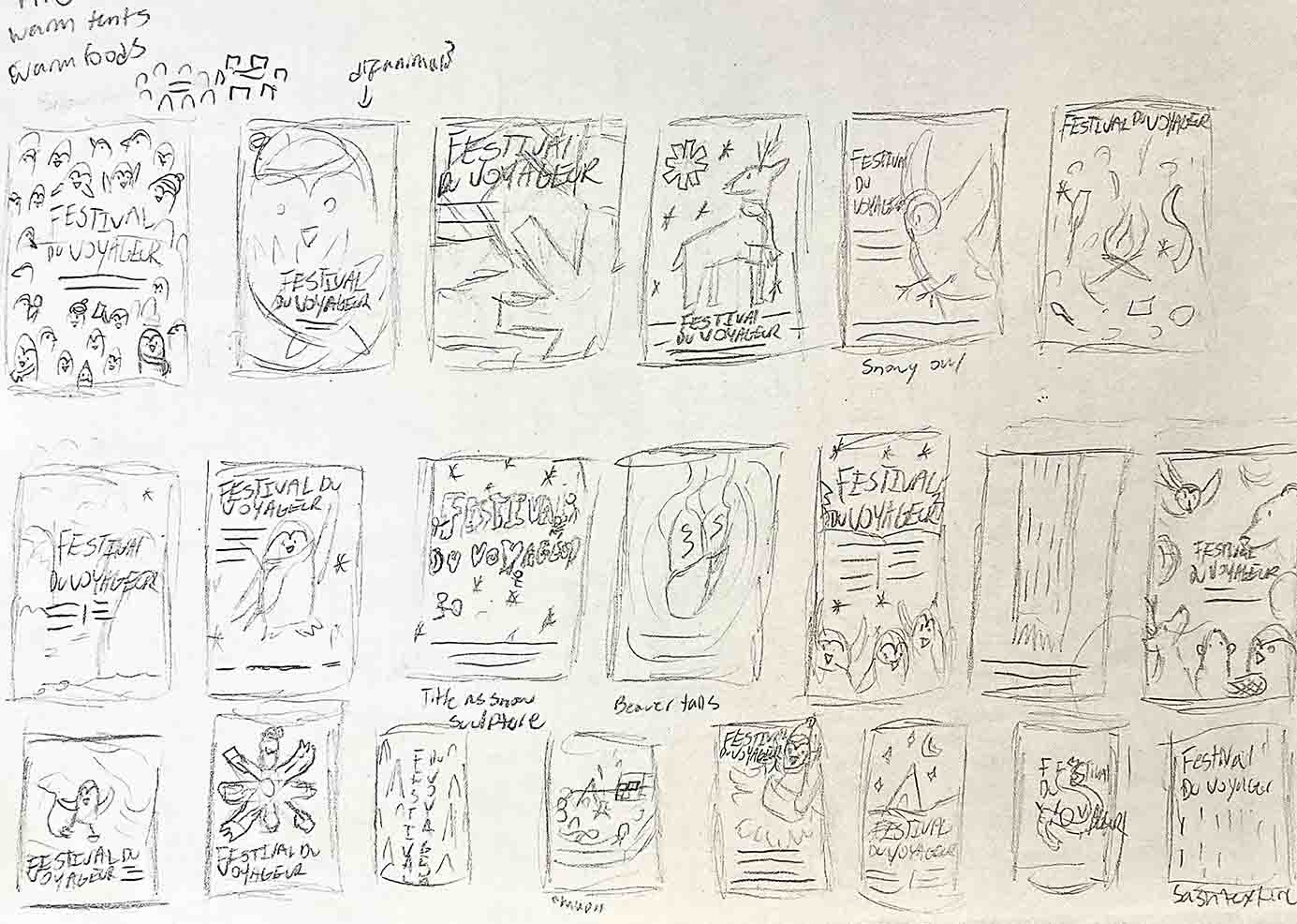 Messy thumbnails for a Festival Du Voyageur poster