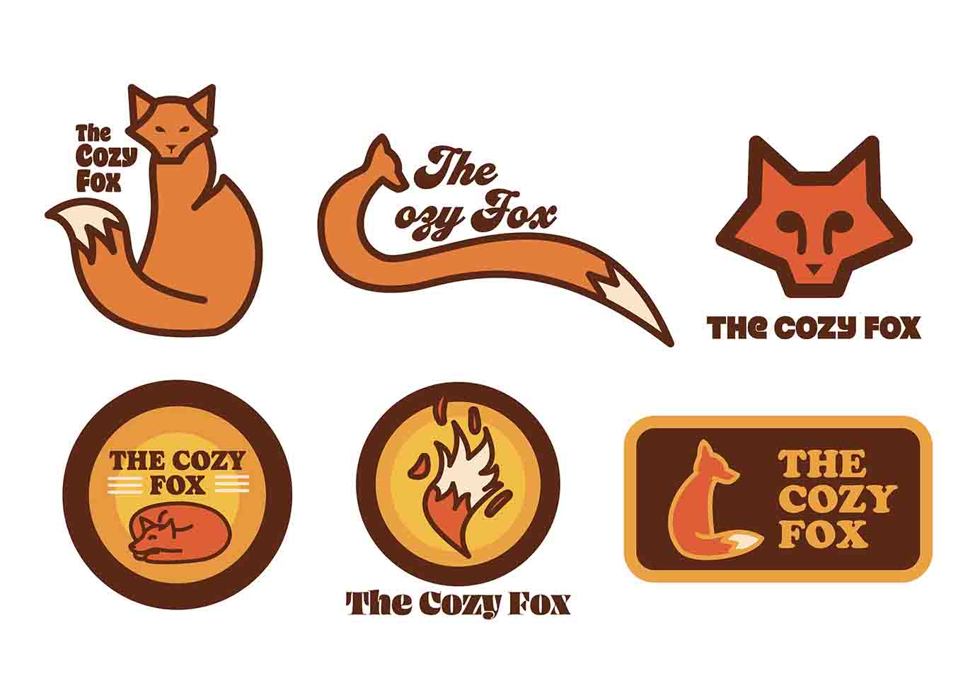 Six logo concepts featuring a fox and The Cozy Fox