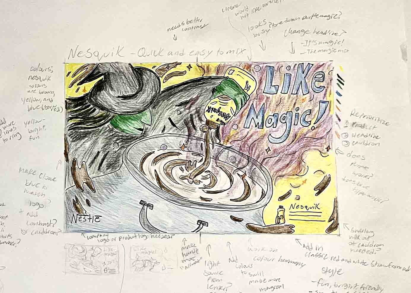 Rough drawing covered in notes for the Nesquik magazine ad
