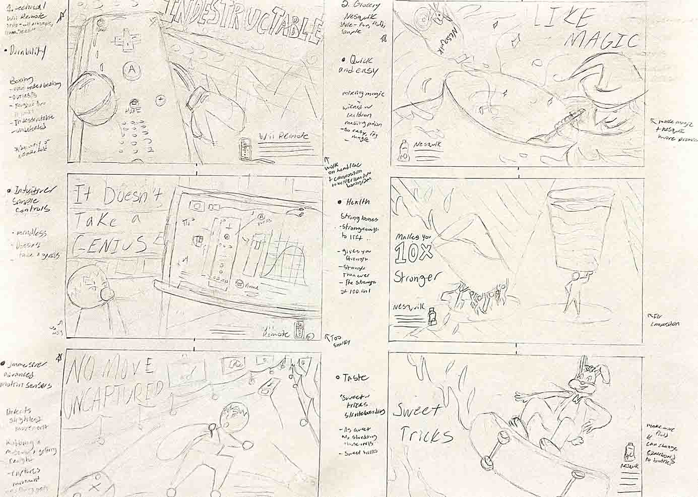 Concept thumbnails covered in messy notes
