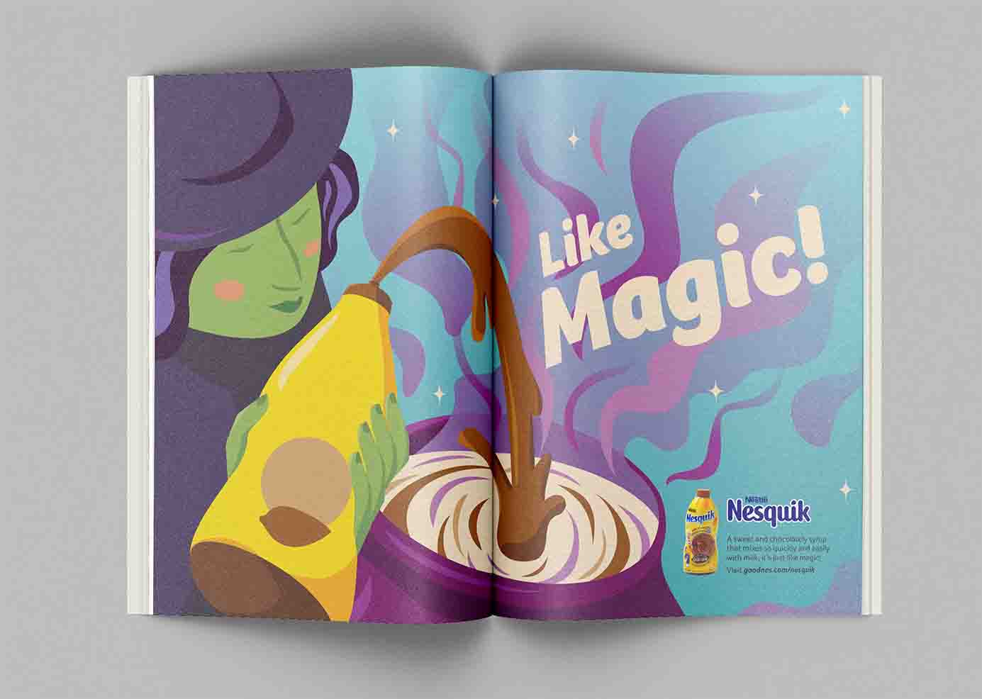 Magazine ad for Nesquik featuring a witch pouring nesquik into a magic cauldron
