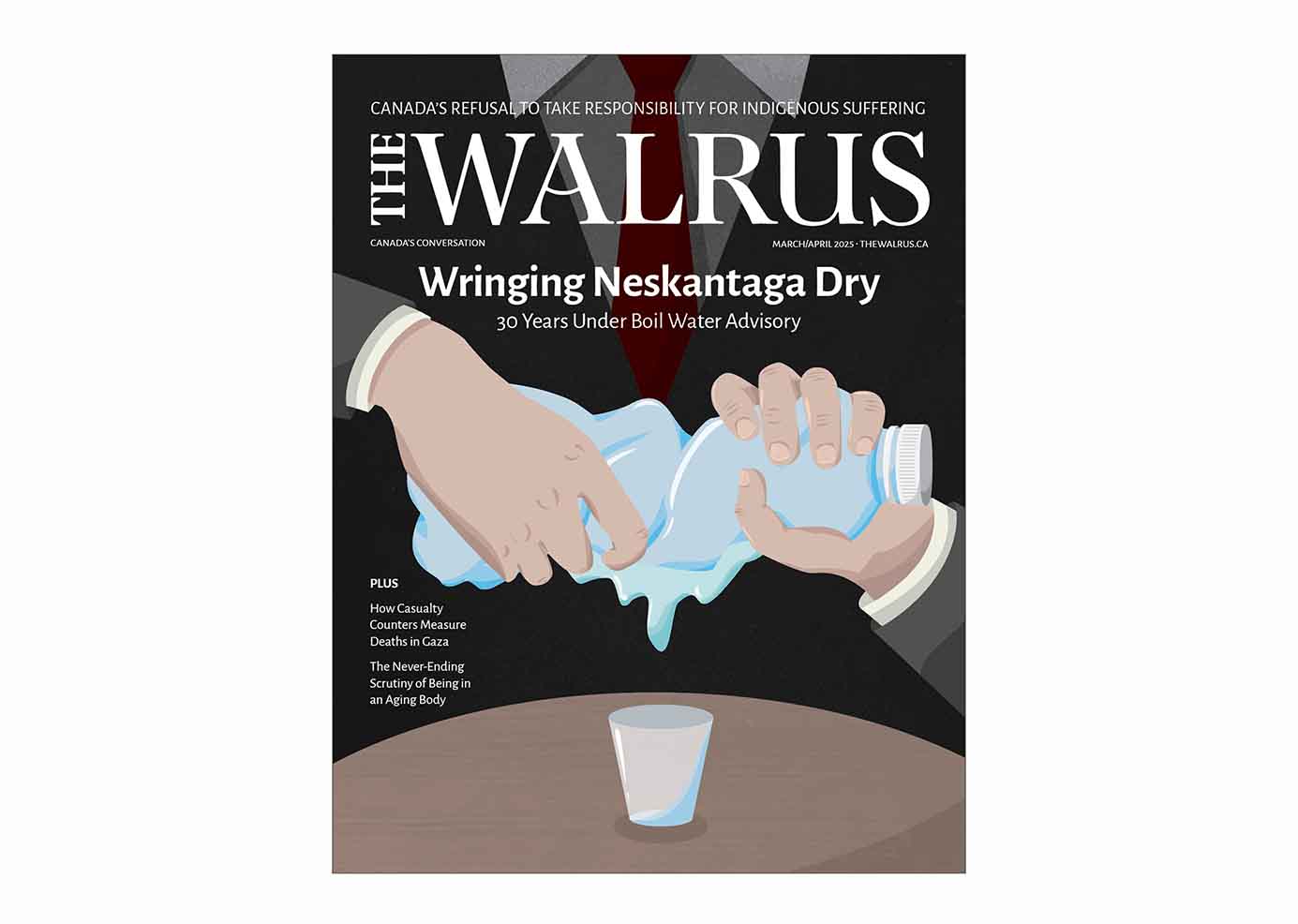 Rough composition for The Walrus cover featuring a corporate entity wringing a water bottle dry