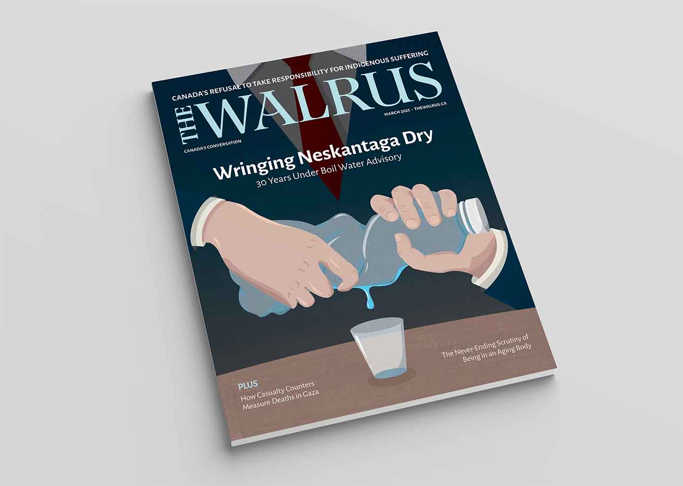 Magazine spread for The Walrus featuring a corporate figure wringing out a plastic water bottle