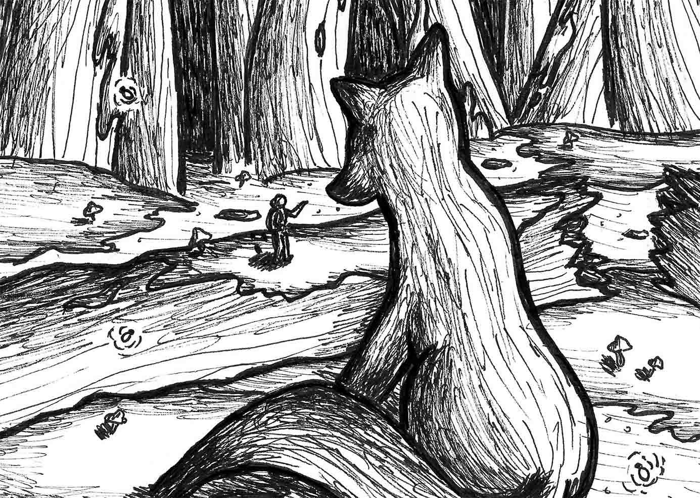 Illustration of a small person reaching out to a giant fox