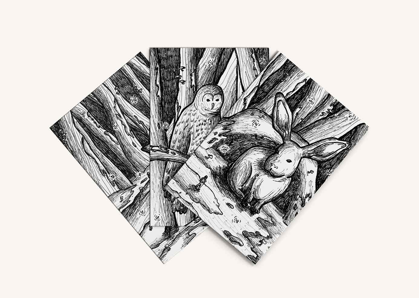 Three hand illustrated print pieces of woodland animals