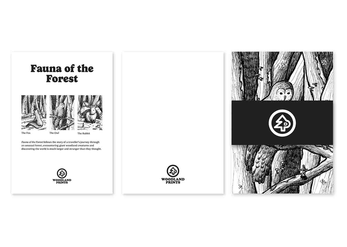 Three hand illustrated print pieces of woodland animals