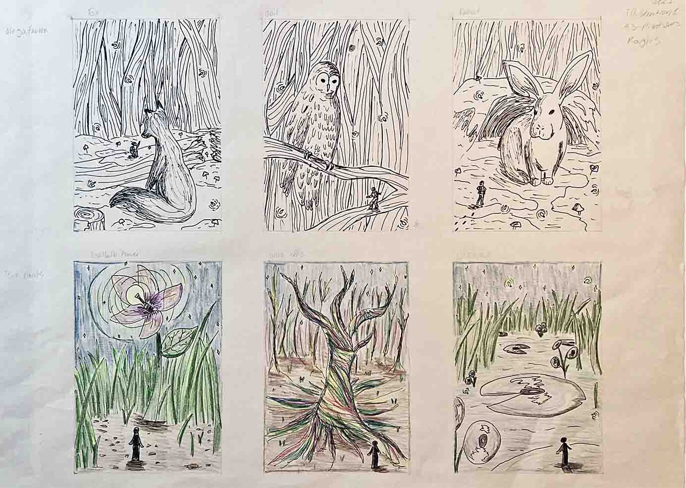 Two sets of three rough concept illustrations