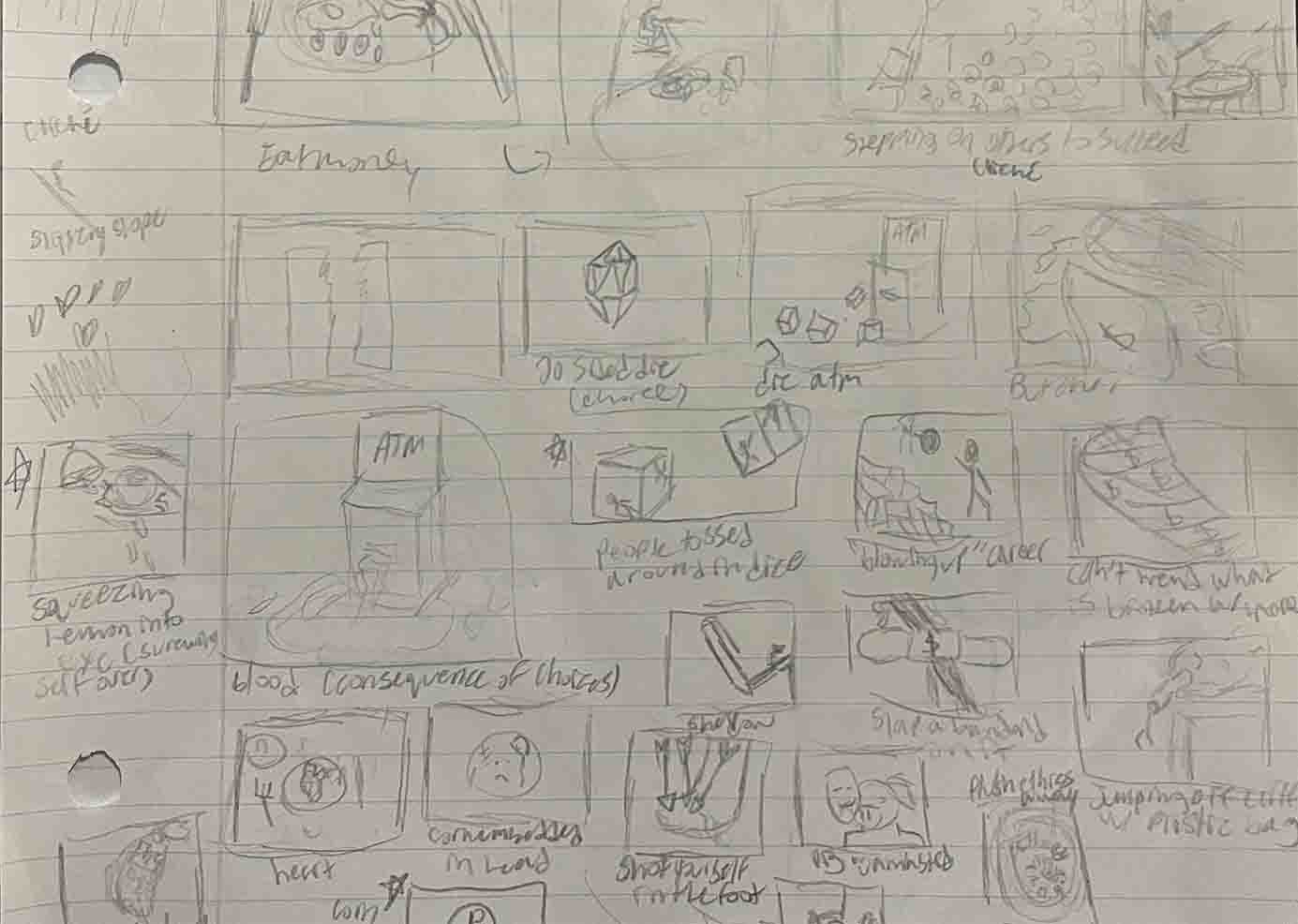 Concept thumbnails covered in messy notes