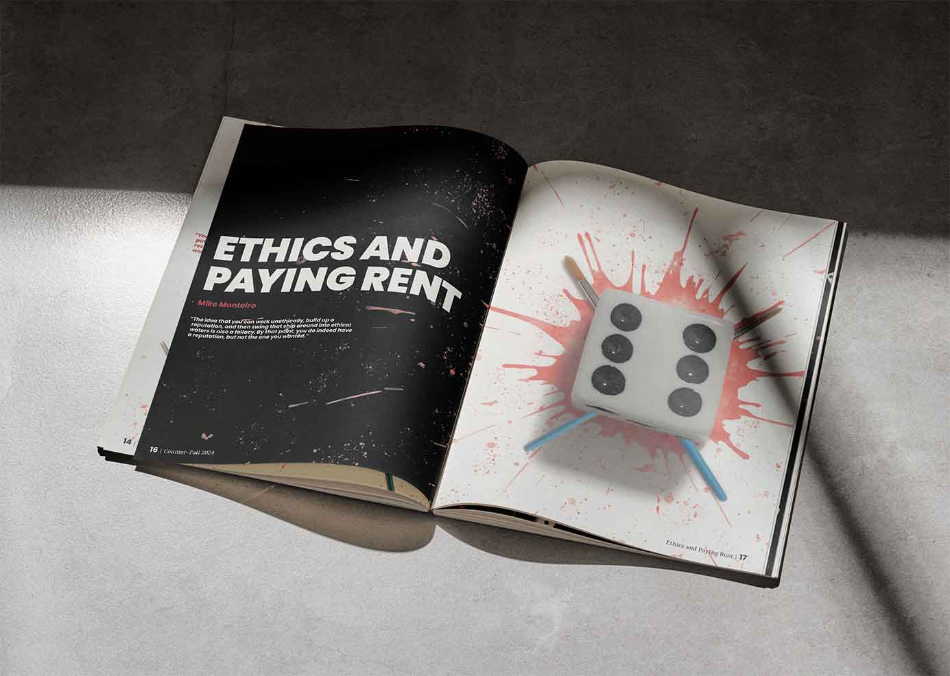 Magazine spread for Ethics and Paying Rent featuring, dice, paint splatters, and paint brushes