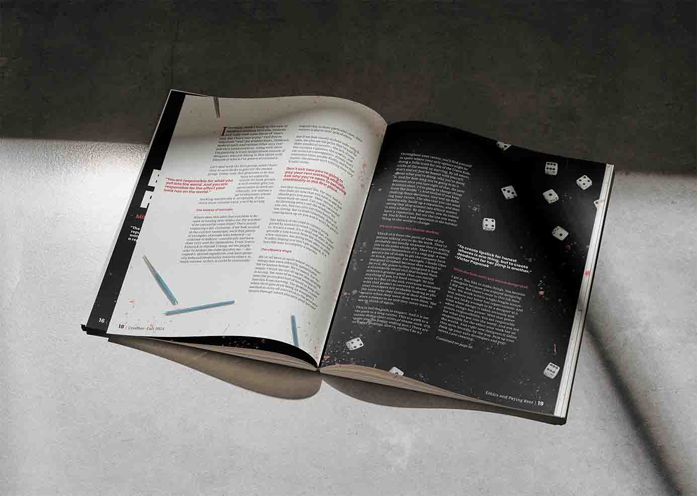 Mocked up article spread for Ethics and Paying Rent